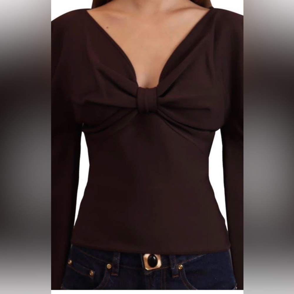 Avec Les Filles Exaggerated Puff Sleeve Front Bow Fitted Sweater- NWT size S